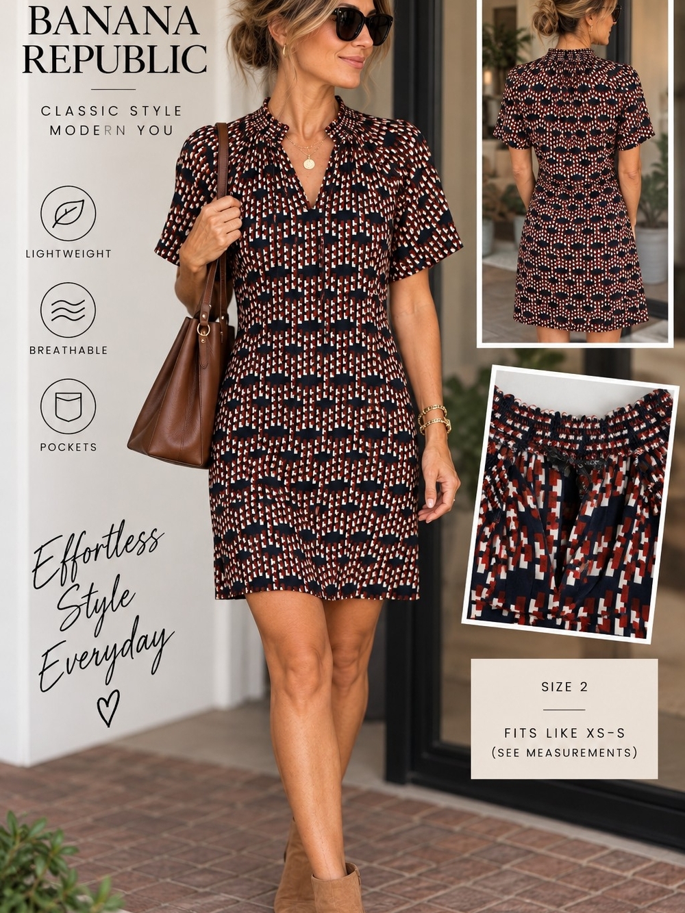 Banana Republic Geometric Print Smocked Neck Shift Dress Size 2 Pockets